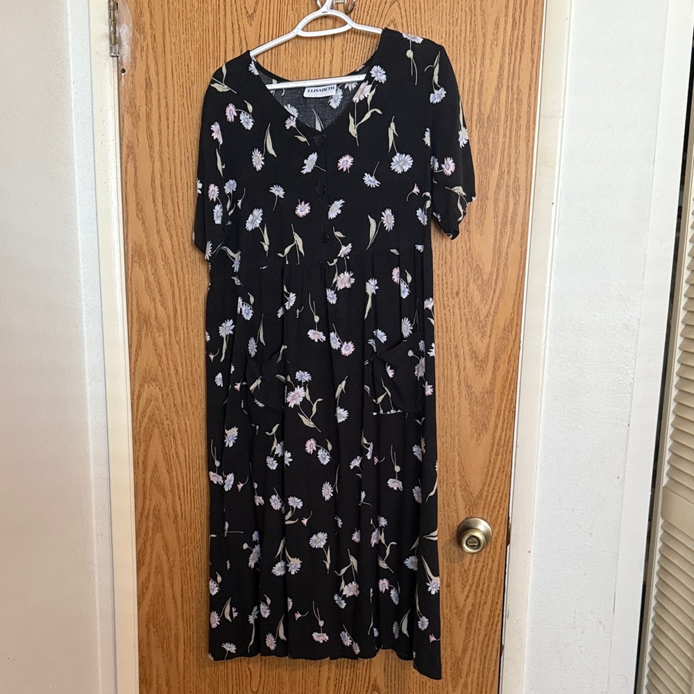 Vintage 90s Elizabeth Floral Black Momcore Librarian Dress Size L-XL Rayon